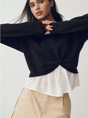 Anthropologie Twist Front Cropped Sweater Black Size Small Boho Minimalist